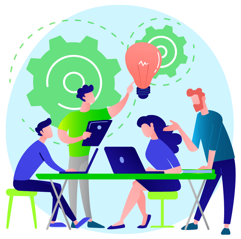 Ilustración que representa a un equipo de trabajo colaborando, simbolizando el enfoque joven y dinámico de Grupo IDSI en la creación de experiencias virtuales innovadoras para conectar negocios con clientes.