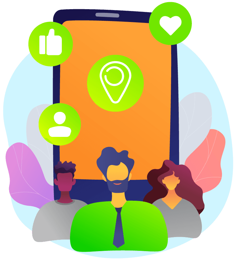Ilustración de una persona interactuando con un catálogo digital en su teléfono móvil, rodeada de iconos de servicios digitales como QR, WhatsApp y sitios web.